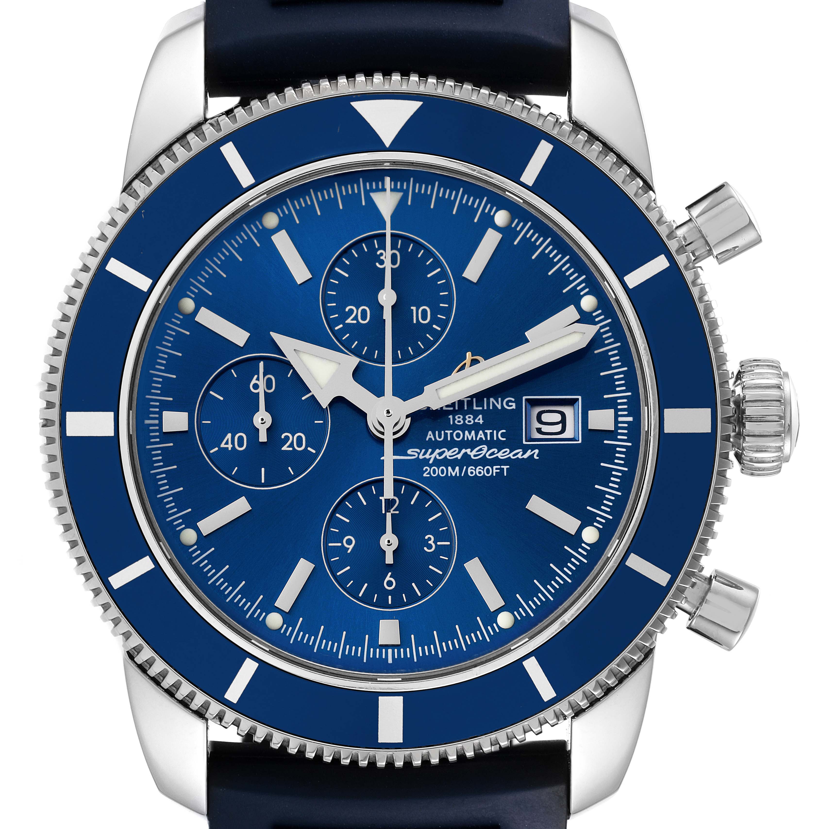 The image shows a Breitling Superocean A13320 Men's Stainless Steel Blue Dial A13320 Men's Stainless Steel Blue Dial watch, focusing on the blue dial, bezel, and chronograph sub-dials from a frontal angle.