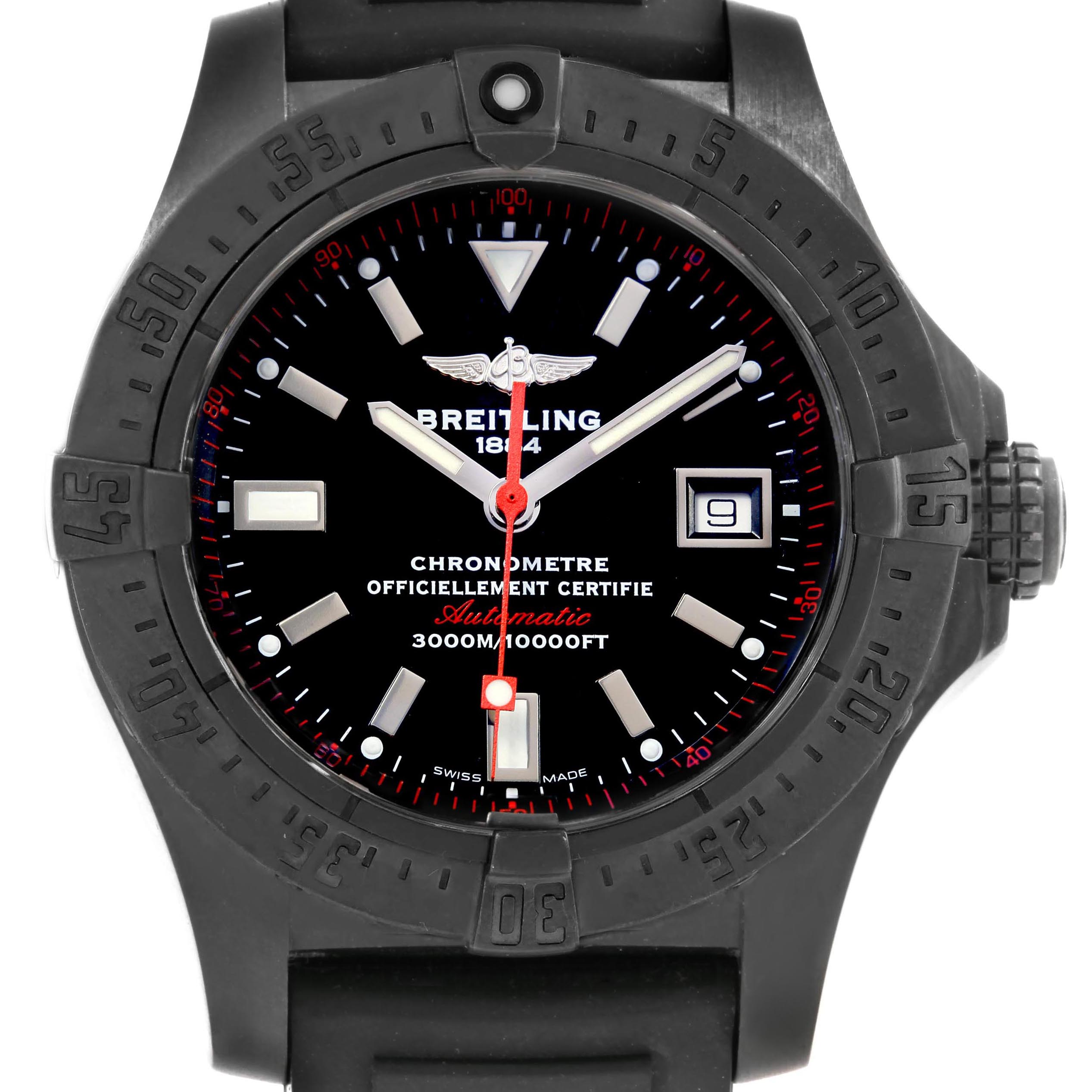 The image shows a frontal view of a Breitling Avenger M17330 Men's Stainless Steel Black Dial M17330 Men's Stainless Steel Black Dial watch, displaying its bezel, dial, hands, and date window.