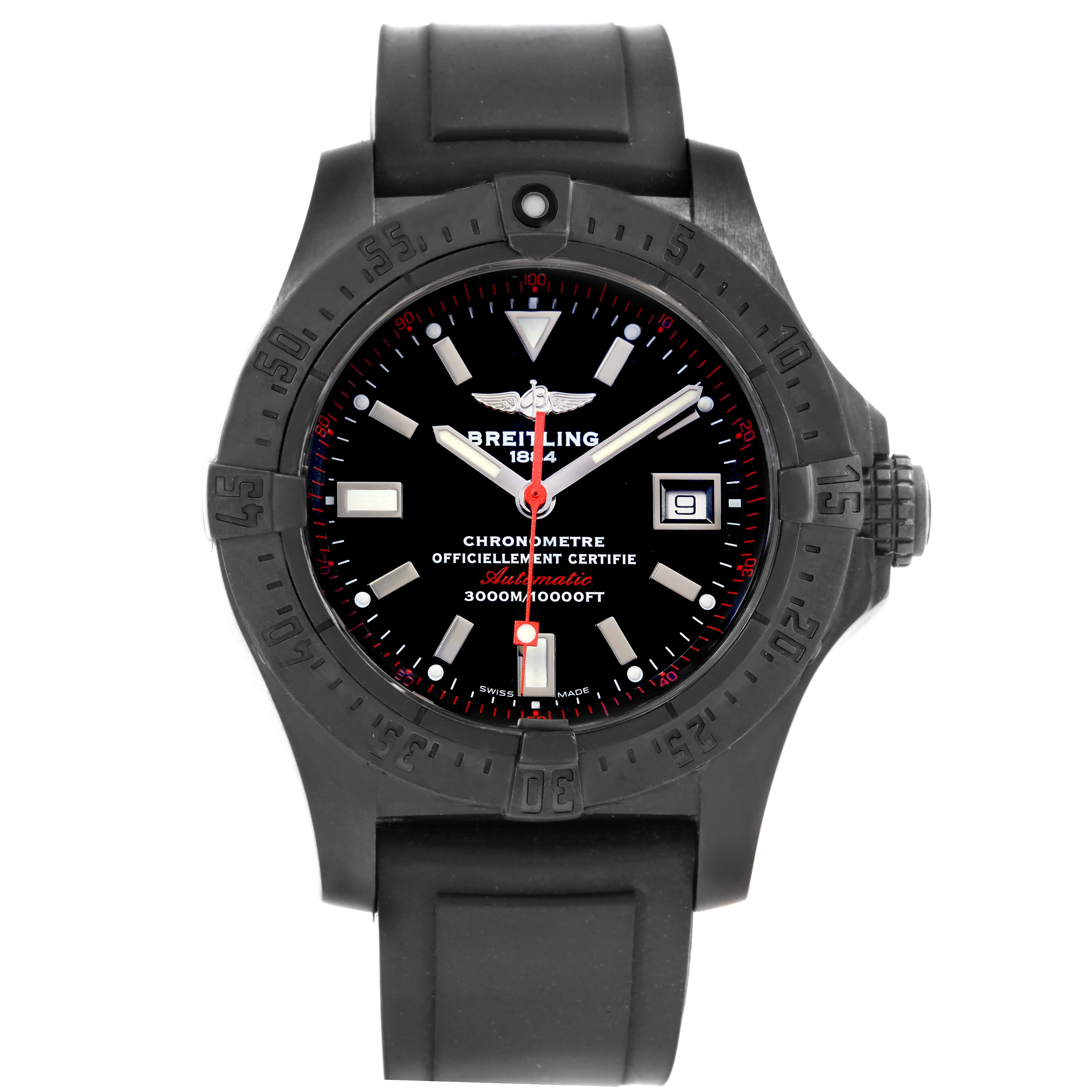 The image shows a front view of the Breitling Avenger M17330 Men's Stainless Steel Black Dial M17330 Men's Stainless Steel Black Dial watch, displaying its face, bezel, and rubber strap.