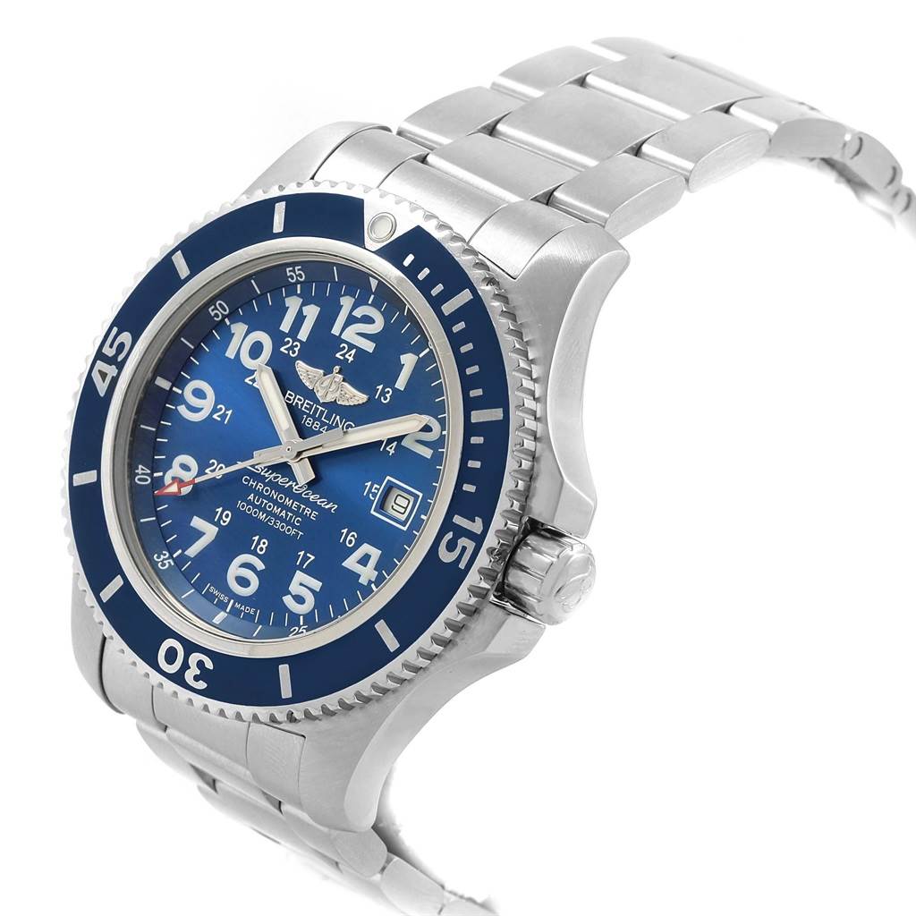 The Breitling Superocean A17392D8/C910 Men's Stainless Steel Blue Dial A17392D8/C910 Men's Stainless Steel Blue Dial watch is shown at an angled view, displaying its blue dial, bezel, and stainless steel bracelet.