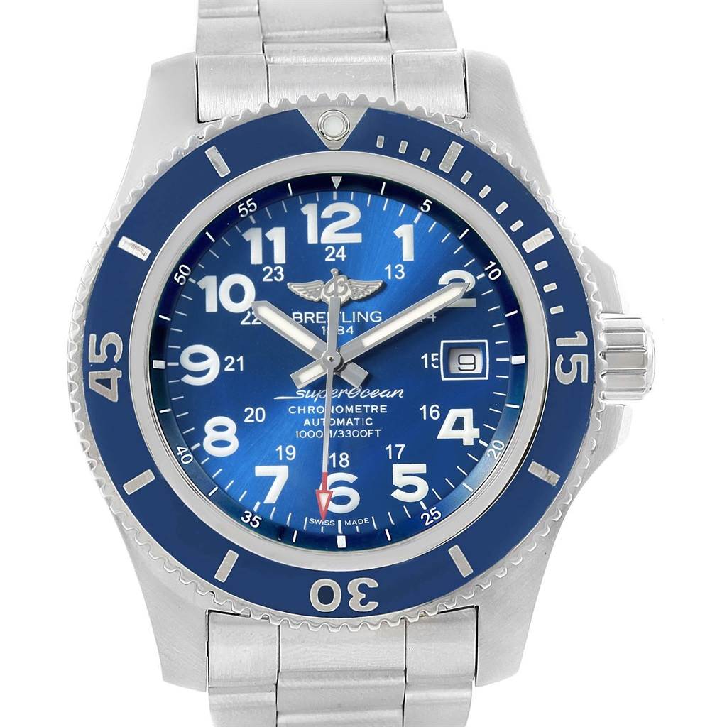 This image shows a front view of the Breitling Superocean A17392D8/C910 Men's Stainless Steel Blue Dial A17392D8/C910 Men's Stainless Steel Blue Dial watch, highlighting its blue dial, bezel, and stainless steel bracelet.
