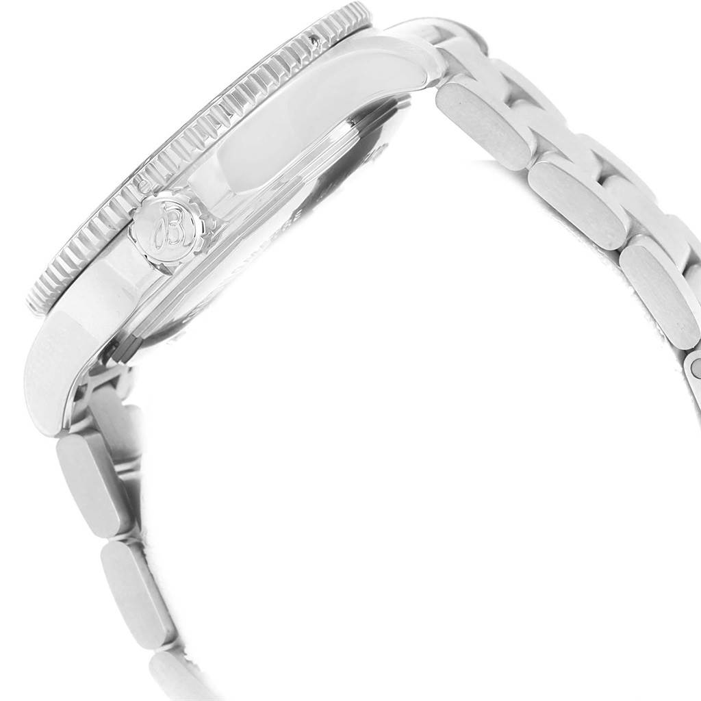 This image shows a side view of the Breitling Superocean A17392D8/C910 Men's Stainless Steel Blue Dial A17392D8/C910 Men's Stainless Steel Blue Dial watch, highlighting the case, crown, and part of the bracelet.