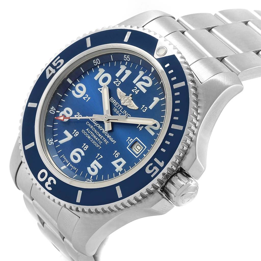The image shows a front angle of the Breitling Superocean A17392D8/C910 Men's Stainless Steel Blue Dial A17392D8/C910 Men's Stainless Steel Blue Dial watch, highlighting its blue dial, bezel, and stainless steel bracelet.