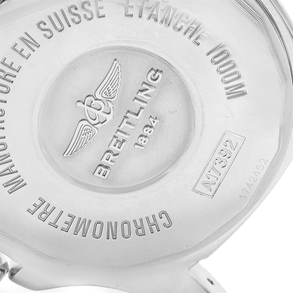 This image shows the back case of the Breitling Superocean A17392D8/C910 Men's Stainless Steel Blue Dial A17392D8/C910 Men's Stainless Steel Blue Dial watch, highlighting the engraved details and model number.