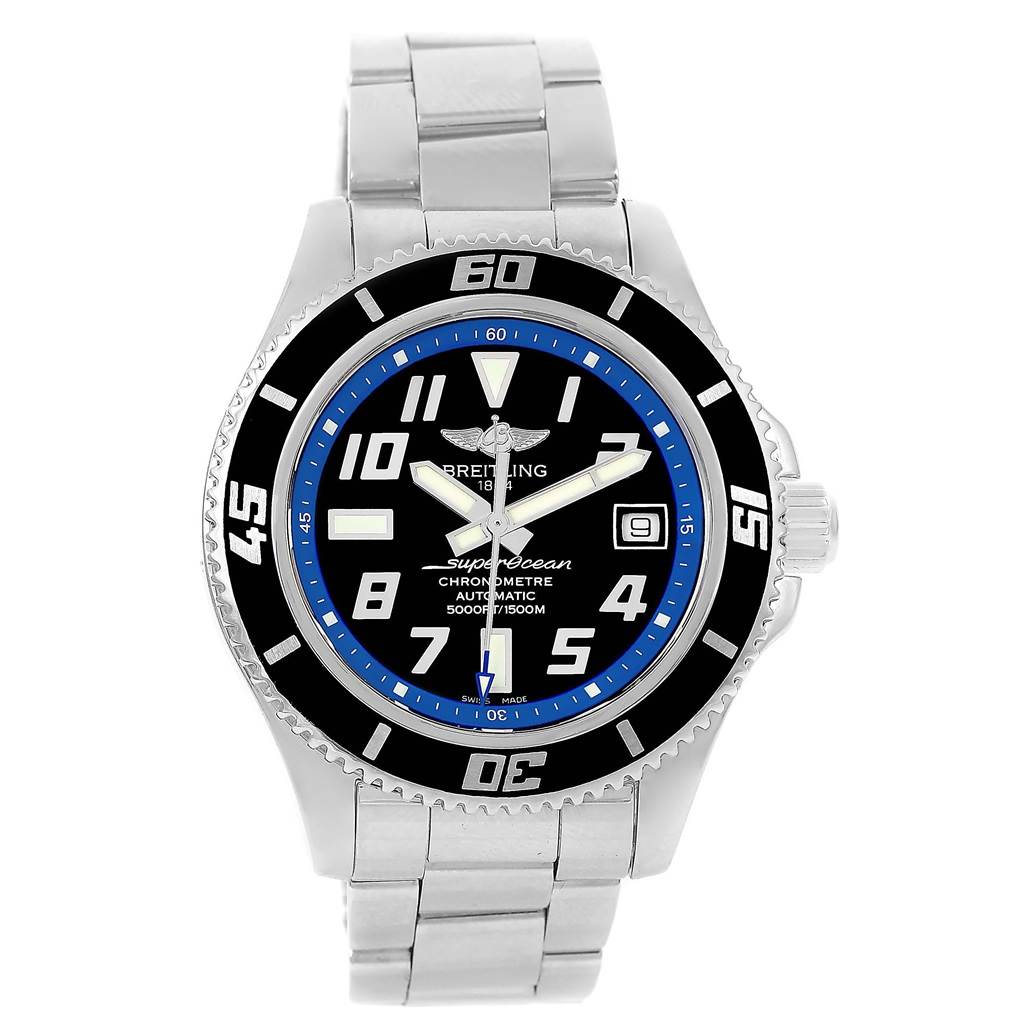 This image shows the Breitling Superocean A17364 Men's Stainless Steel Black Dial A17364 Men's Stainless Steel Black Dial watch from a front view, highlighting its dial, bezel, and metal bracelet.