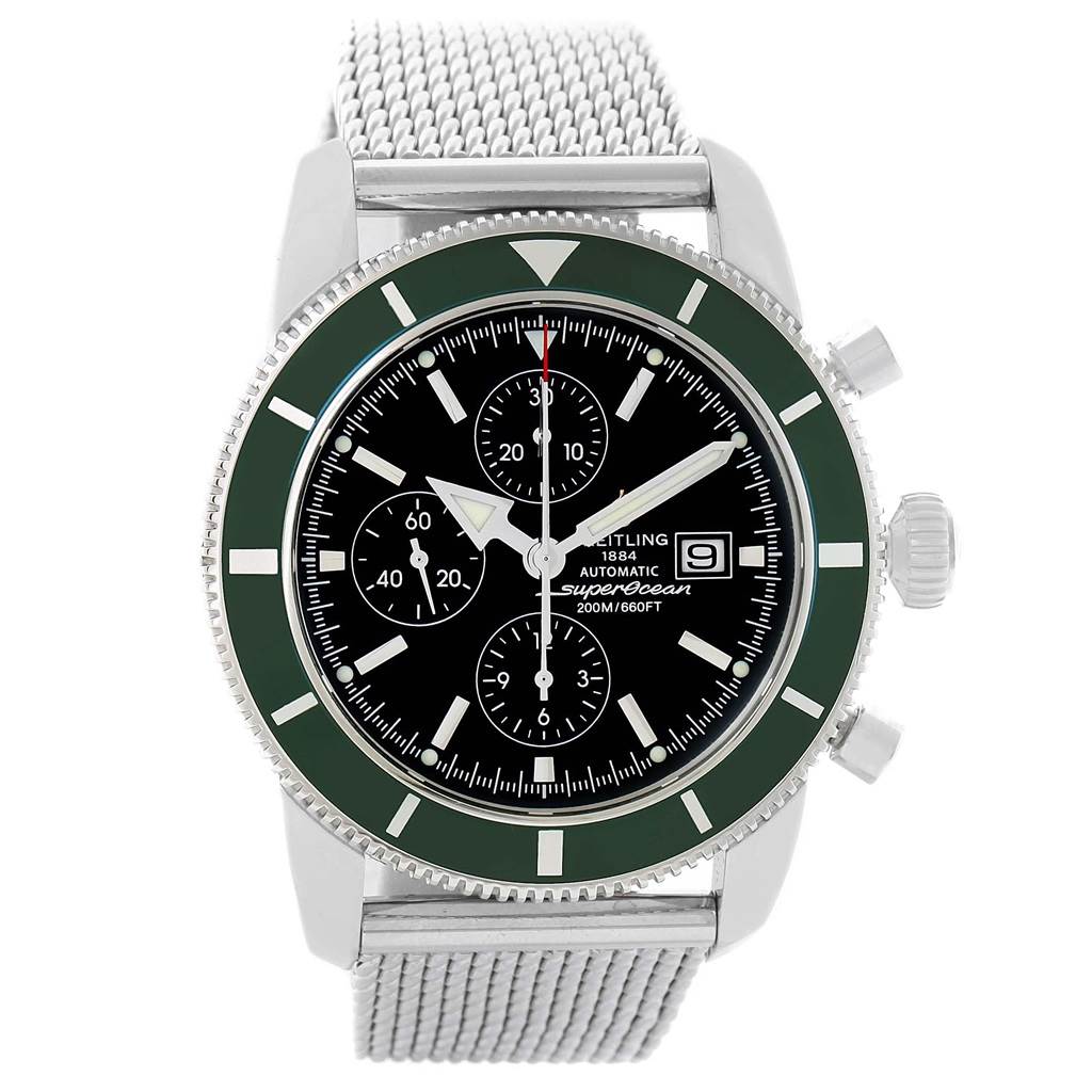 This Breitling Superocean A13320 Men's Stainless Steel Black Dial A13320 Men's Stainless Steel Black Dial watch is shown from the front, displaying its dial, bezel, chronograph subdials, date window, and part of its metal mesh strap.