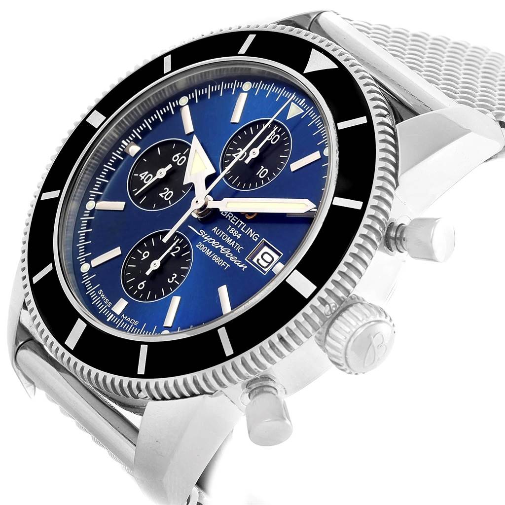 The image shows the Breitling Superocean A13320 Men's Stainless Steel Blue Dial A13320 Men's Stainless Steel Blue Dial watch at an angle, highlighting the dial, bezel, crown, chronograph pushers, and mesh bracelet.