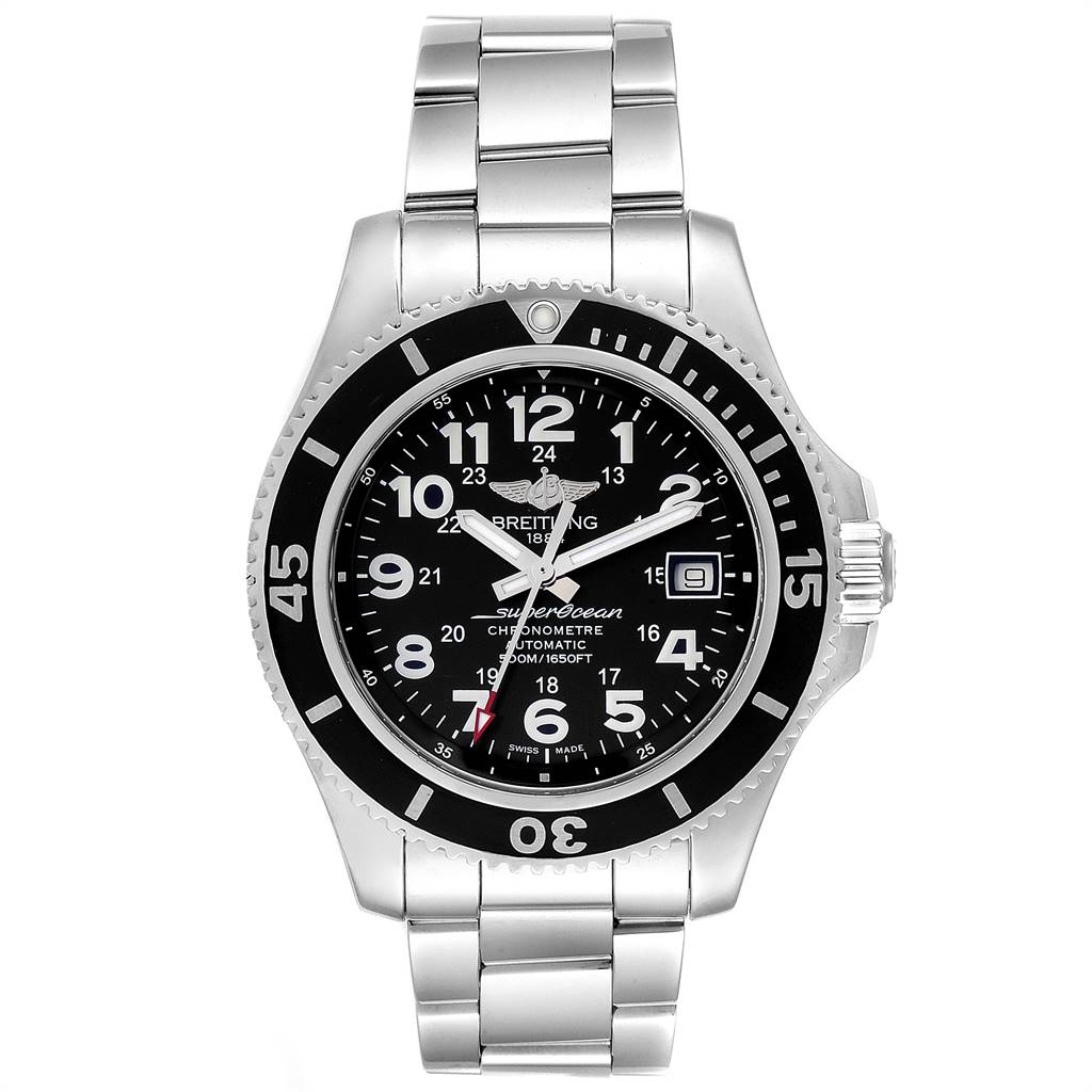 This image shows a frontal view of a Breitling Superocean A17365 Men's Stainless Steel Black Dial A17365 Men's Stainless Steel Black Dial watch, displaying the dial, bezel, crown, and stainless steel bracelet.