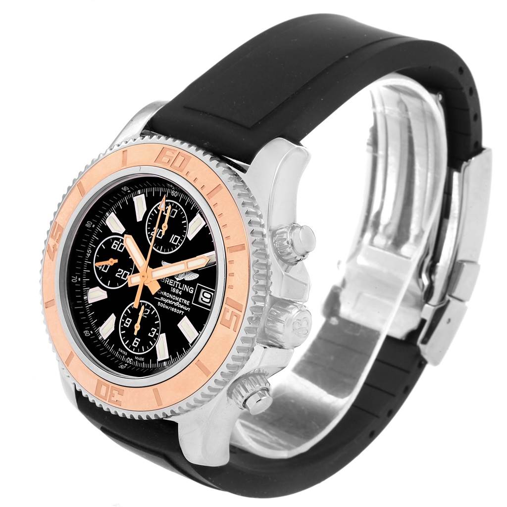 The image shows a Breitling Superocean C13341 Men's Stainless Steel Black Dial C13341 Men's Stainless Steel Black Dial watch angled to display the face, bezel, crown, and rubber strap.