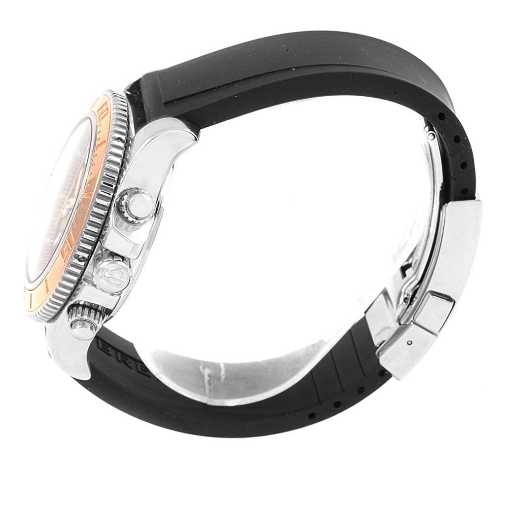 Side view of the Breitling Superocean C13341 Men's Stainless Steel Black Dial C13341 Men's Stainless Steel Black Dial watch, showing the bezel, crown, pushers, and part of the black strap with a clasp.