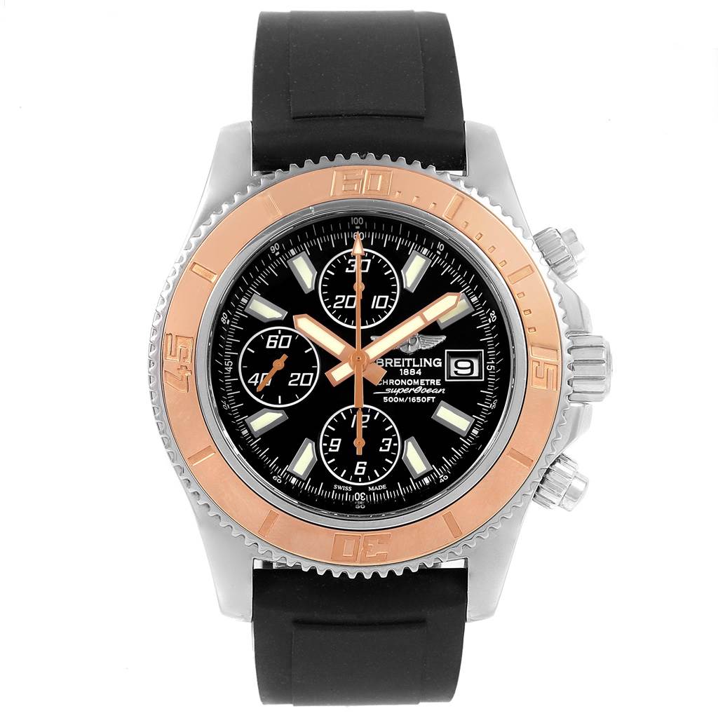 This is a front-facing angle of a Breitling Superocean C13341 Men's Stainless Steel Black Dial C13341 Men's Stainless Steel Black Dial watch showcasing its bezel, dial, sub-dials, and chronograph buttons.