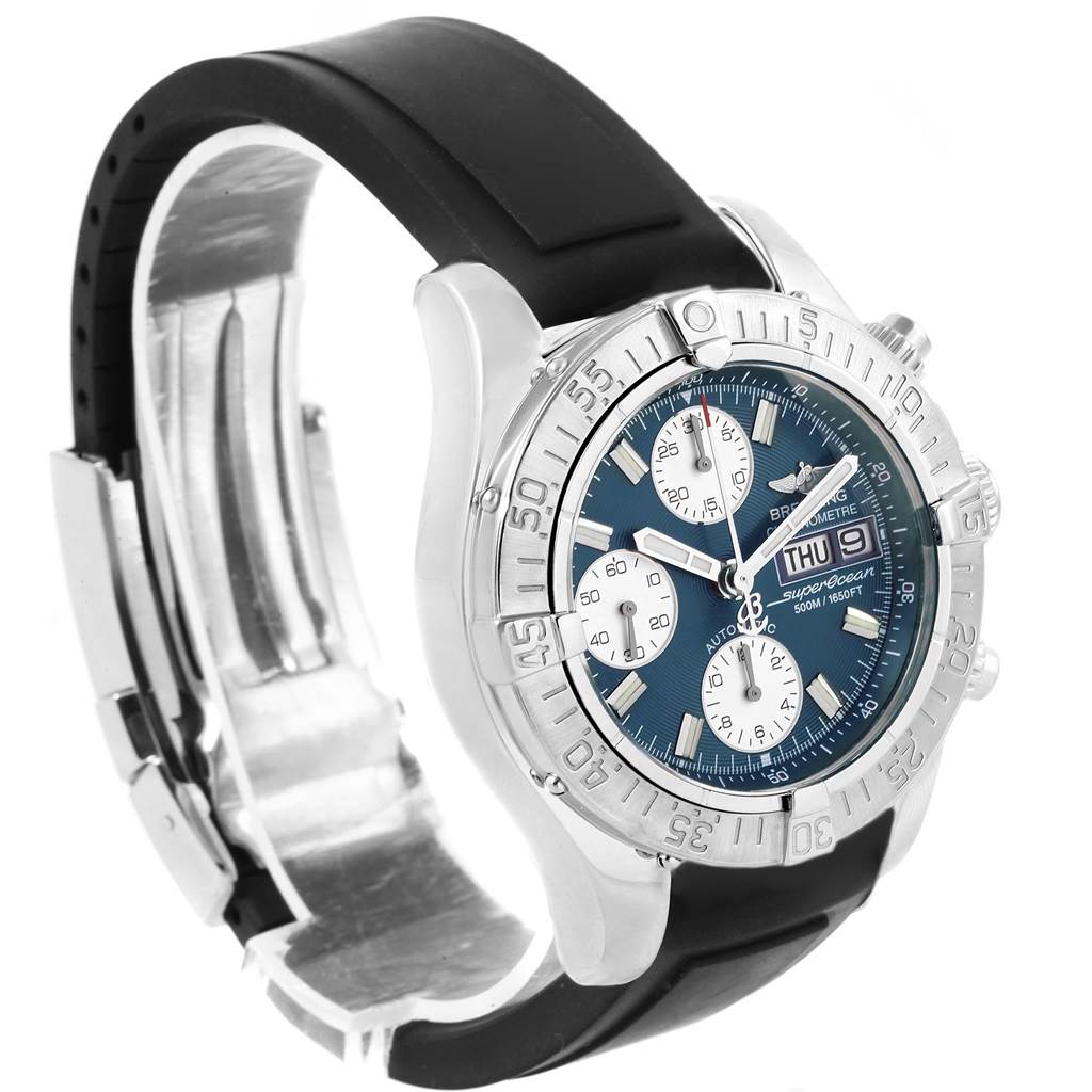 The image shows a Breitling Superocean A13340 Men's Stainless Steel Blue Dial A13340 Men's Stainless Steel Blue Dial watch at a three-quarter angle, displaying the face, bezel, pushers, and black strap.