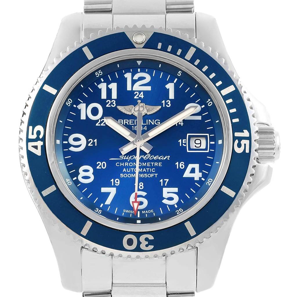 This Breitling Superocean A17365 Men's Stainless Steel Blue Dial A17365 Men's Stainless Steel Blue Dial watch is shown from a front angle, displaying the face, bezel, crown, and part of the bracelet.
