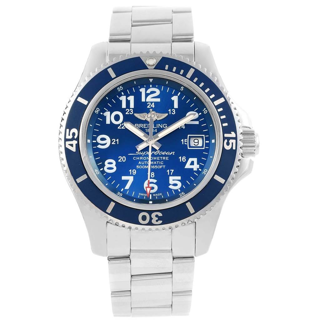 The image shows a front view of a Breitling Superocean A17365 Men's Stainless Steel Blue Dial A17365 Men's Stainless Steel Blue Dial watch, displaying the face, bezel, and metal bracelet.