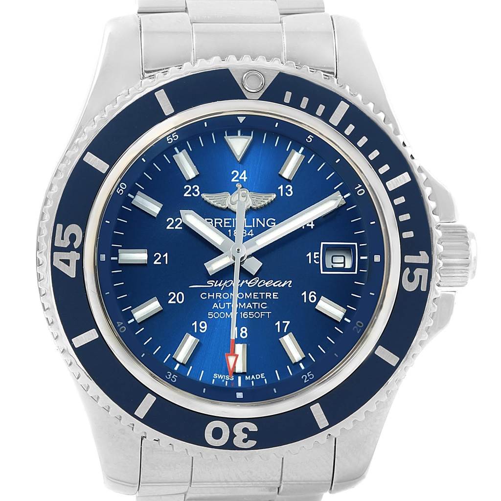 This image shows the Breitling Superocean A17365 Men's Stainless Steel Blue Dial A17365 Men's Stainless Steel Blue Dial watch face straight-on, highlighting the blue dial, bezel, and stainless steel bracelet.