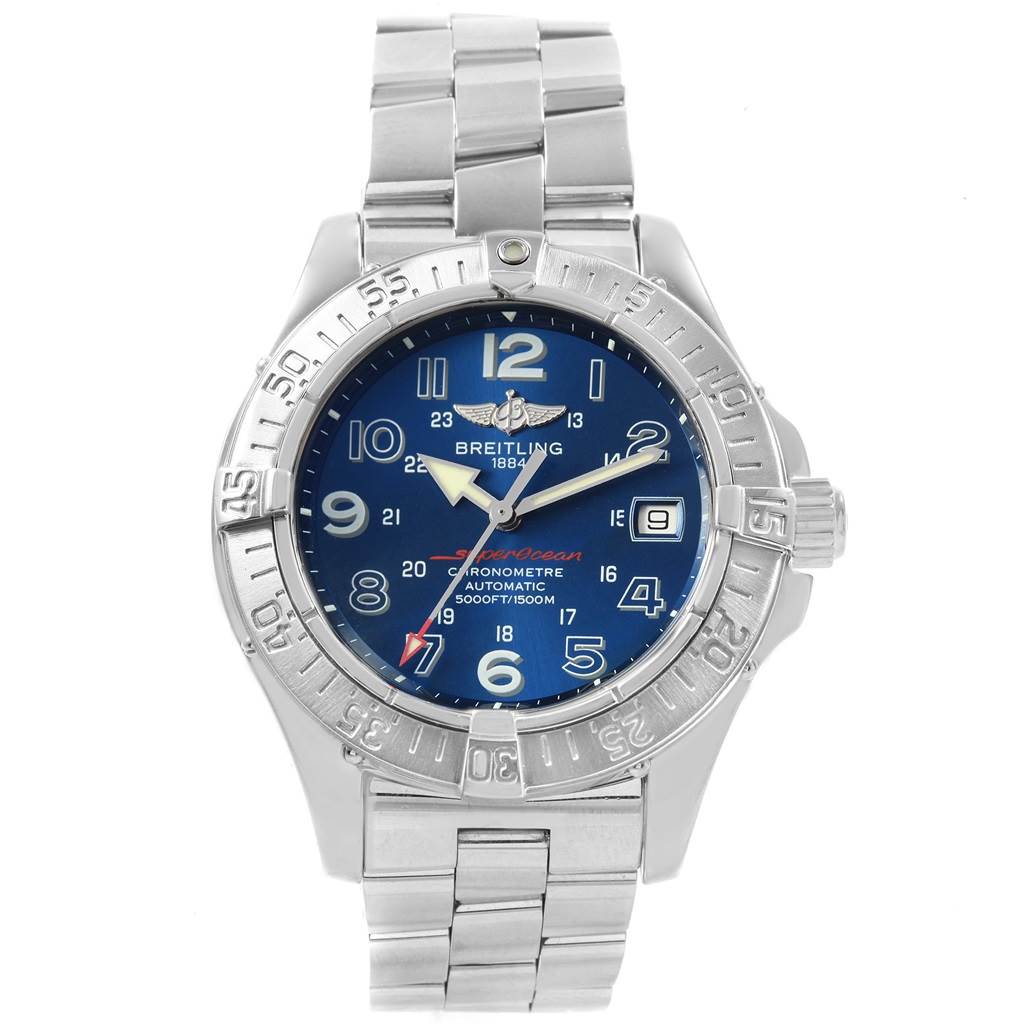 The image shows a front view of a Breitling Superocean A17360 Men's Stainless Steel Blue Dial A17360 Men's Stainless Steel Blue Dial watch with a blue dial and silver bracelet.