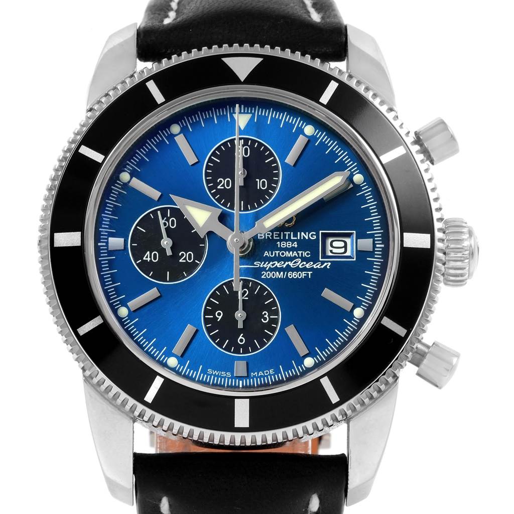 The Breitling Superocean A13320 Men's Stainless Steel Blue Dial A13320 Men's Stainless Steel Blue Dial watch is shown from the front, displaying the dial, bezel, crown, and chronograph sub-dials.