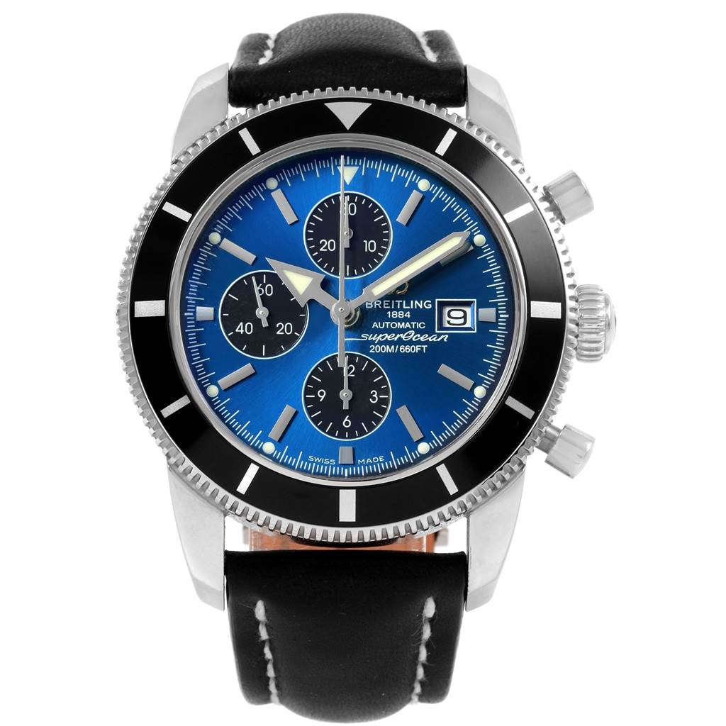 The image shows a front view of the Breitling Superocean A13320 Men's Stainless Steel Blue Dial A13320 Men's Stainless Steel Blue Dial watch, highlighting the blue dial, black bezel, and leather strap.