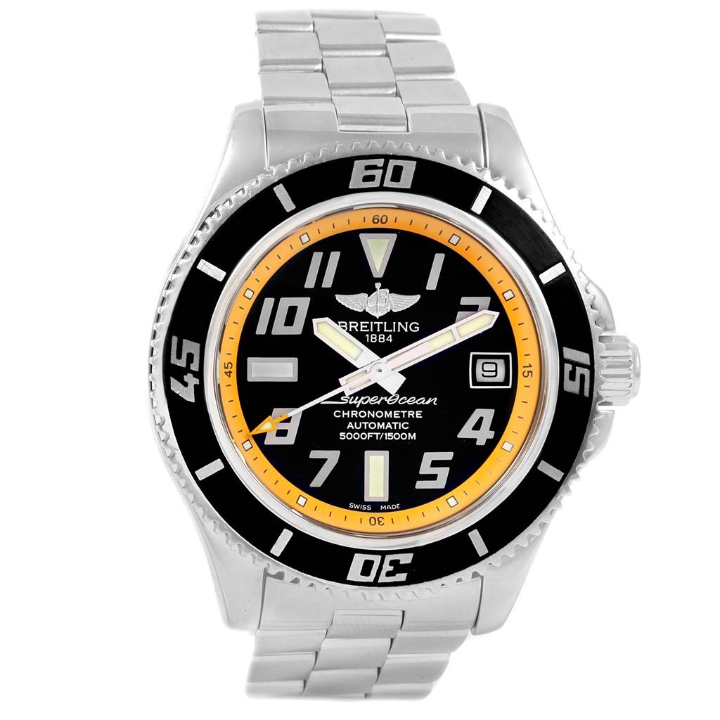 This is a front view of the Breitling Superocean A17364 Men's Stainless Steel Black Dial A17364 Men's Stainless Steel Black Dial watch, showcasing the dial, bezel, and bracelet.