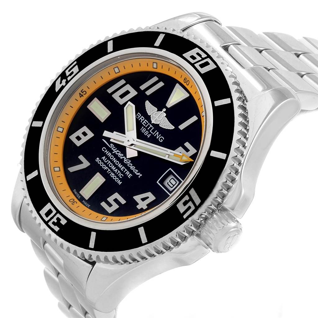 This Breitling Superocean A17364 Men's Stainless Steel Black Dial A17364 Men's Stainless Steel Black Dial watch is shown at a three-quarter angle, highlighting the dial, bezel, crown, and part of the bracelet.