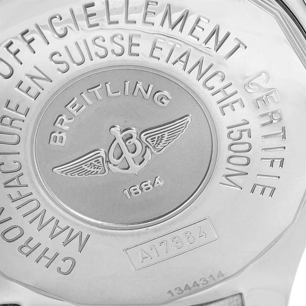 This is an angled view of the case back of the Breitling Superocean A17364 Men's Stainless Steel Black Dial A17364 Men's Stainless Steel Black Dial watch, showing inscriptions and branding details.