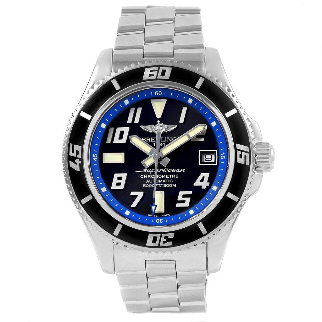 This Breitling Superocean A17364 Men's Stainless Steel Black Dial A17364 Men's Stainless Steel Black Dial watch is shown from the front, displaying the dial, bezel, crown, and part of the bracelet.