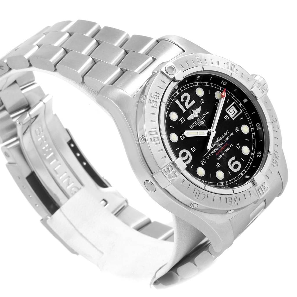 This is a Breitling Superocean A17390 Men's Stainless Steel Black Dial A17390 Men's Stainless Steel Black Dial watch photographed at an angle highlighting the face, bezel, and metal bracelet.