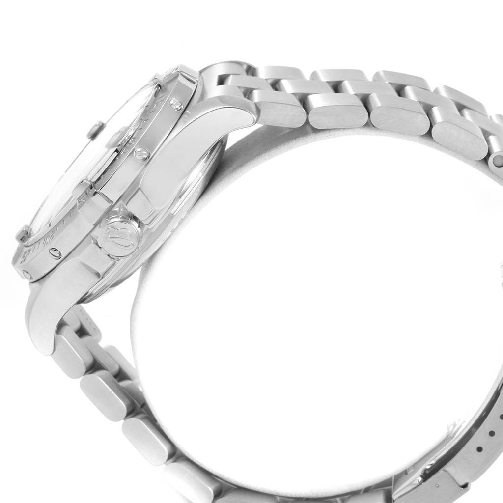 The image shows a side profile view of a Breitling Superocean A17390 Men's Stainless Steel Black Dial A17390 Men's Stainless Steel Black Dial watch, highlighting its stainless steel case and bracelet.