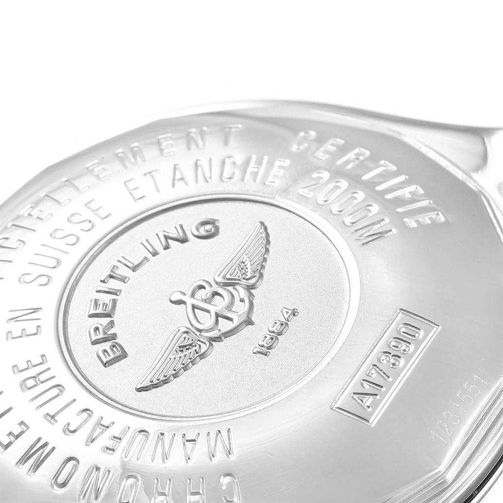 The image shows the back case of a Breitling Superocean A17390 Men's Stainless Steel Black Dial A17390 Men's Stainless Steel Black Dial watch, highlighting brand engraving and model details.