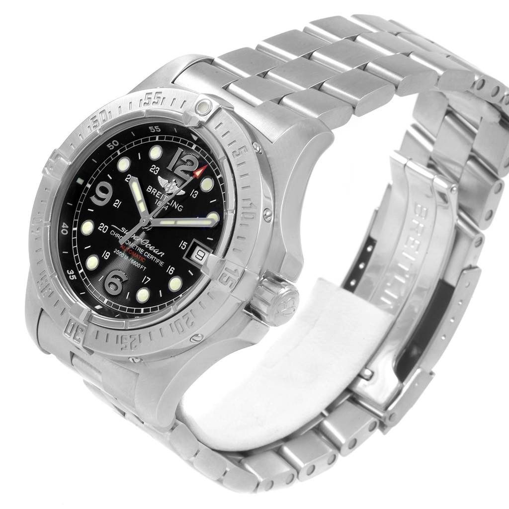 This Breitling Superocean A17390 Men's Stainless Steel Black Dial A17390 Men's Stainless Steel Black Dial watch is shown at a 3/4 angle, displaying the face, bezel, crown, and metal bracelet.