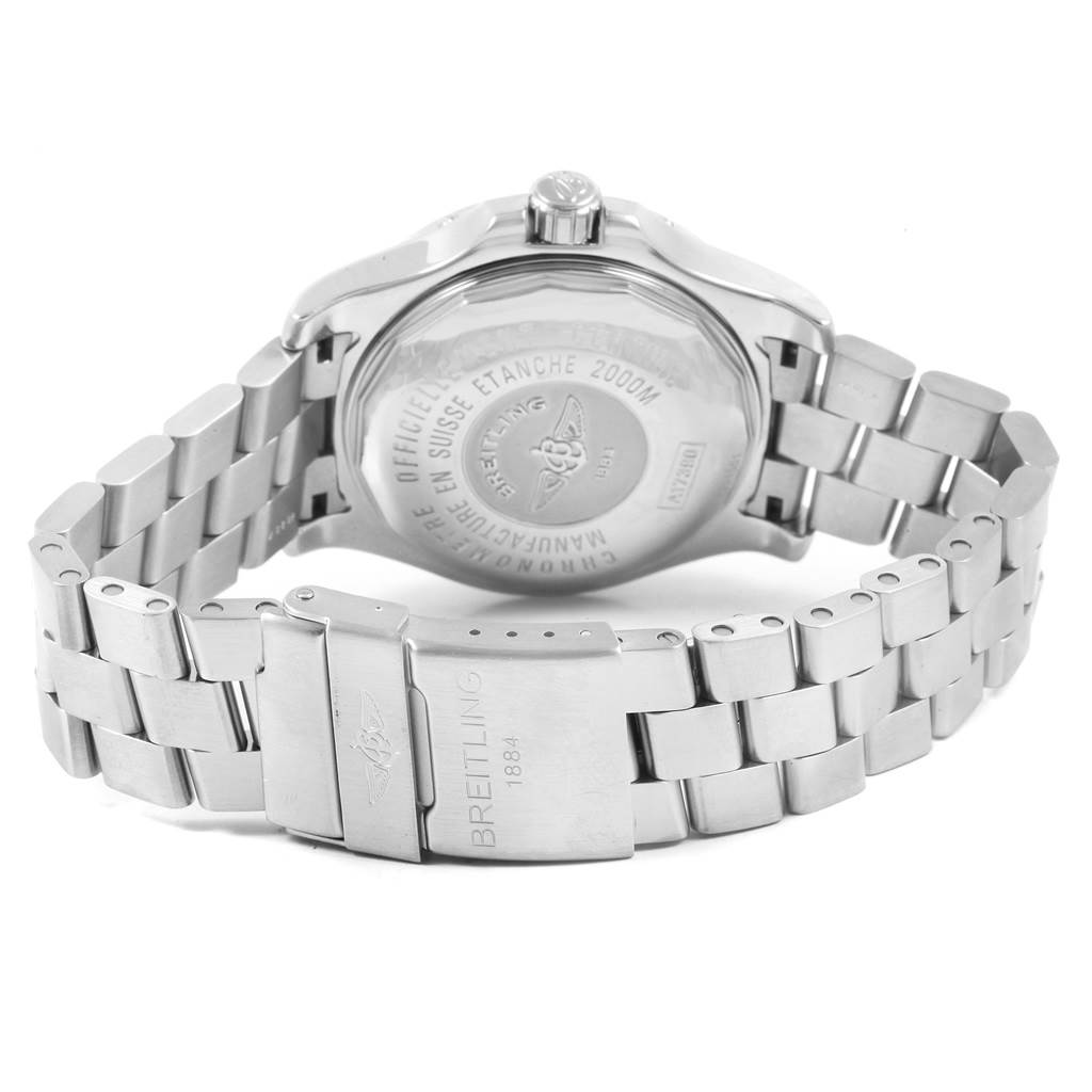 This image shows the back view of a Breitling Superocean A17390 Men's Stainless Steel Black Dial A17390 Men's Stainless Steel Black Dial watch, highlighting the case back and stainless steel bracelet.