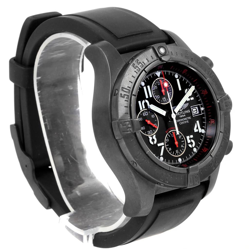 The Breitling Avenger M13380 Men's Stainless Steel Black Dial M13380 Men's Stainless Steel Black Dial watch is shown at an angle, highlighting its dial, bezel, and rubber strap.