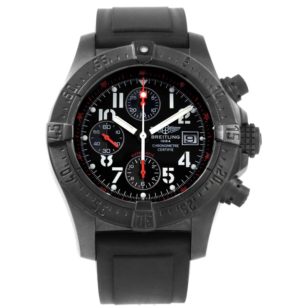 The image shows a Breitling Avenger M13380 Men's Stainless Steel Black Dial M13380 Men's Stainless Steel Black Dial watch viewed from the front, displaying its black dial, bezel, chronograph subdials, and rubber strap.