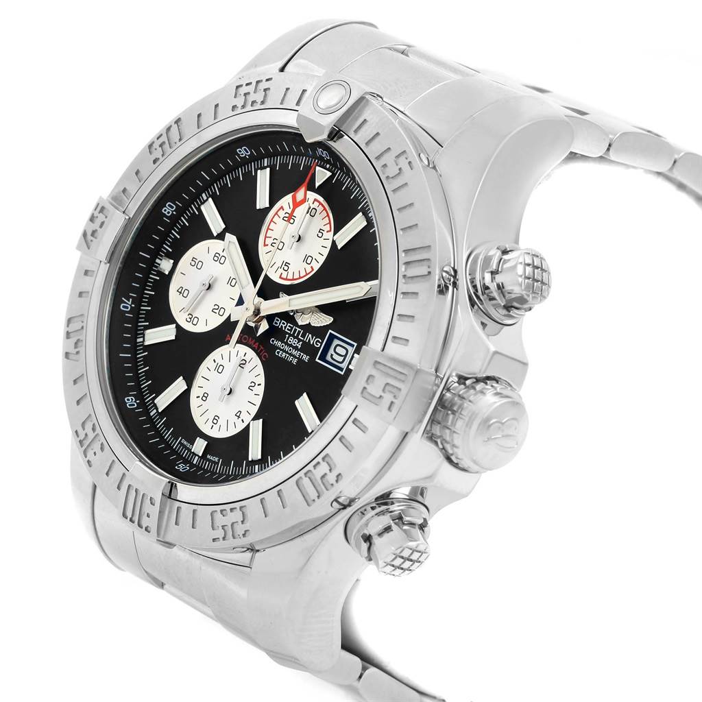 The image shows a side angle of the Breitling Avenger A13371 Men's Stainless Steel Black Dial A13371 Men's Stainless Steel Black Dial watch, highlighting its bezel, crown, pushers, and part of the bracelet.