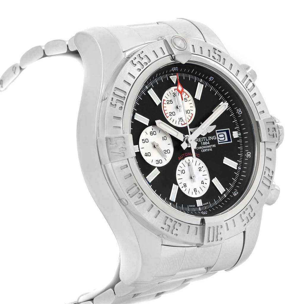 The image shows a side angle of the Breitling Avenger A13371 Men's Stainless Steel Black Dial A13371 Men's Stainless Steel Black Dial watch, highlighting its dial, bezel, and part of the bracelet.