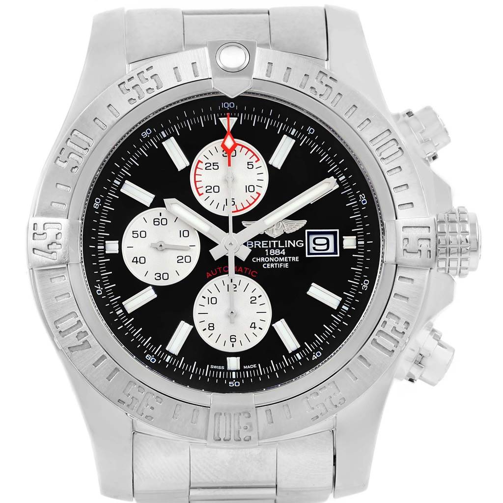 The image shows a front view of a Breitling Avenger A13371 Men's Stainless Steel Black Dial A13371 Men's Stainless Steel Black Dial model watch, highlighting the dial, bezel, and chronograph subdials.
