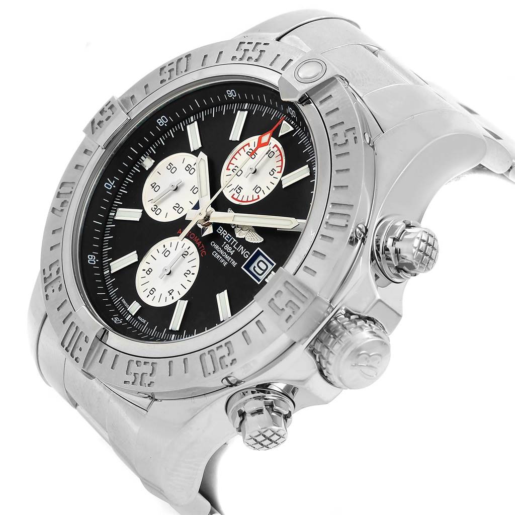 The Breitling Avenger A13371 Men's Stainless Steel Black Dial A13371 Men's Stainless Steel Black Dial watch is shown at an angled side view, displaying the bezel, crown, pushers, and dial with subdials.