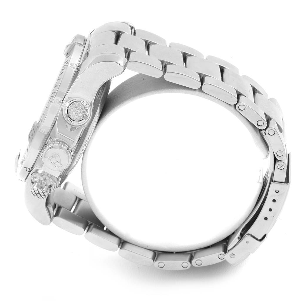 This image shows the side view of a Breitling Avenger A13371 Men's Stainless Steel Black Dial A13371 Men's Stainless Steel Black Dial watch, highlighting the crown, chronograph pushers, and metal bracelet.