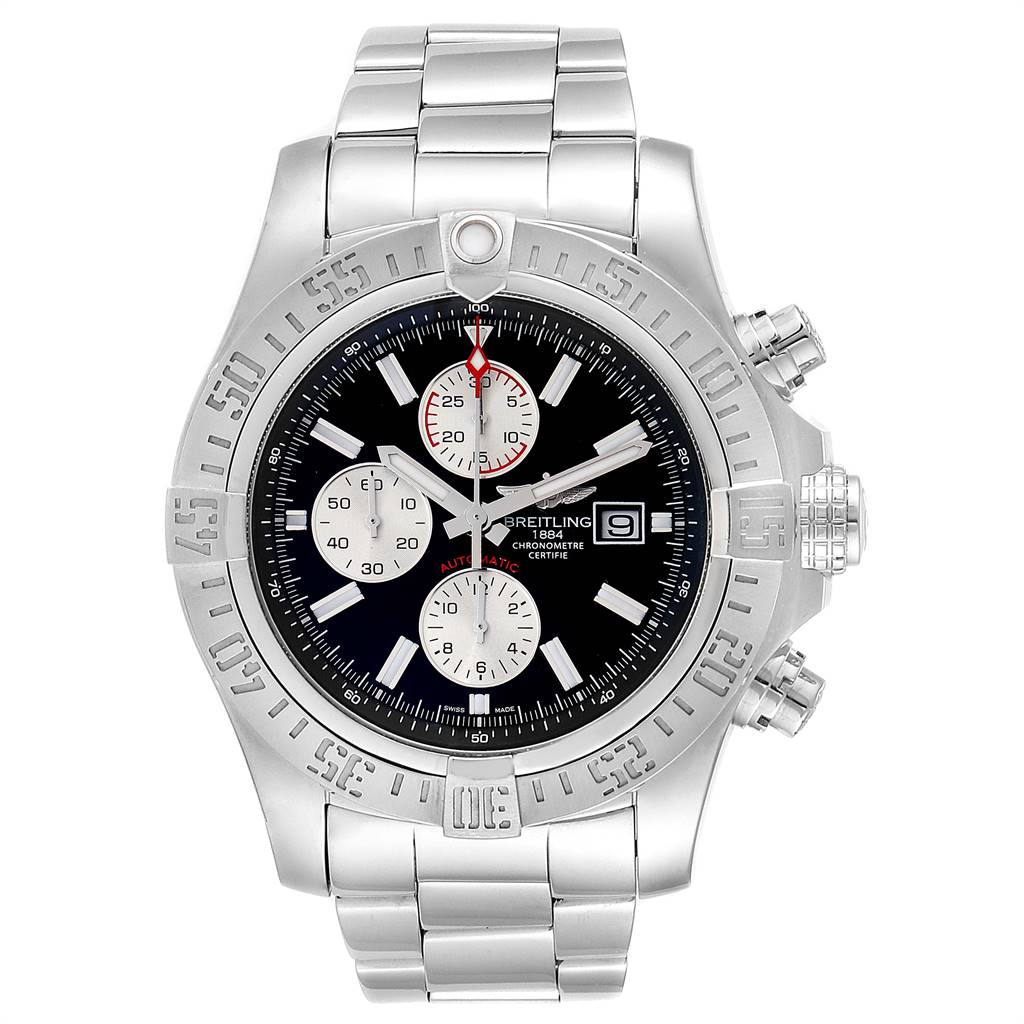The image shows a front view of the Breitling Avenger A13371 Men's Stainless Steel Black Dial A13371 Men's Stainless Steel Black Dial watch, highlighting its dial, bezel, and stainless steel bracelet.