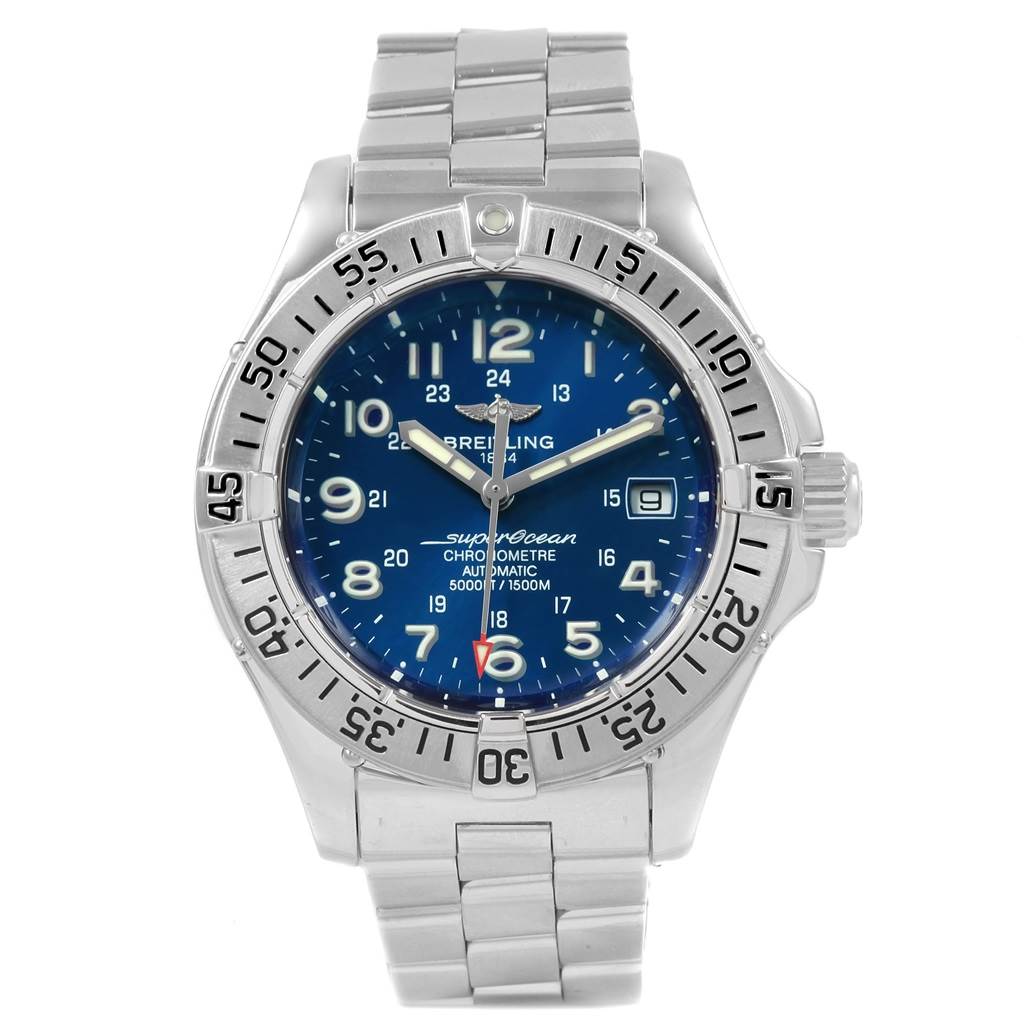 The image shows a front view of a Breitling Superocean A17360 Men's Stainless Steel Blue Dial A17360 Men's Stainless Steel Blue Dial watch with a blue dial and a stainless steel bracelet.