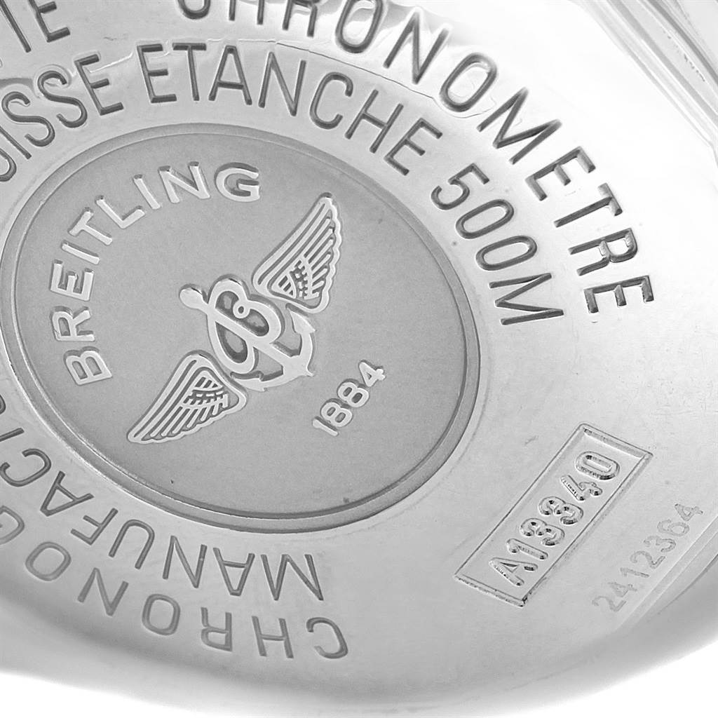 This is a close-up of the back case of a Breitling Superocean A13340 Men's Stainless Steel Black Dial A13340 Men's Stainless Steel Black Dial watch, showing engravings and the Breitling logo.