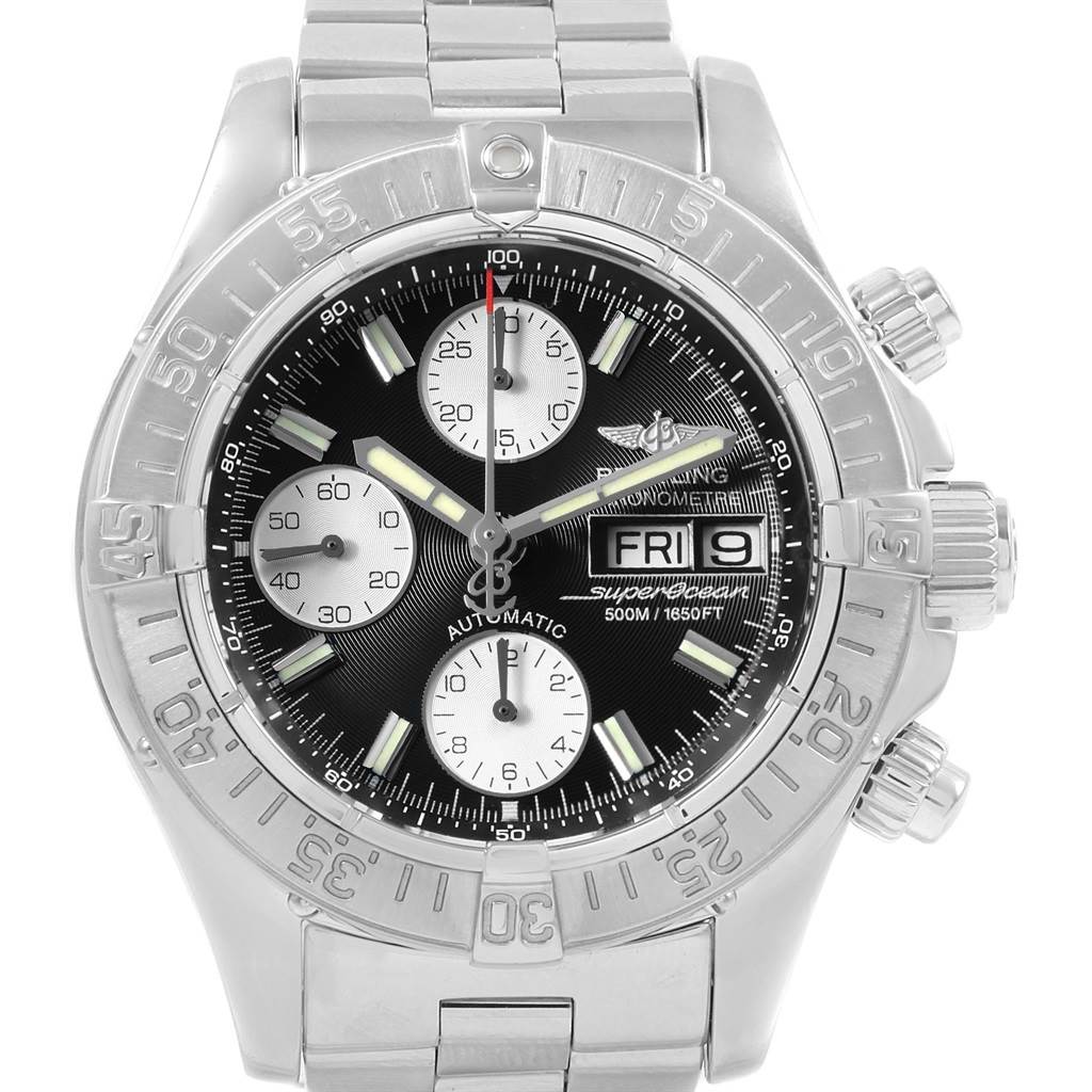 The Breitling Superocean A13340 Men's Stainless Steel Black Dial A13340 Men's Stainless Steel Black Dial watch is shown from the front, displaying its dial, bezel, subdials, crown, and bracelet.