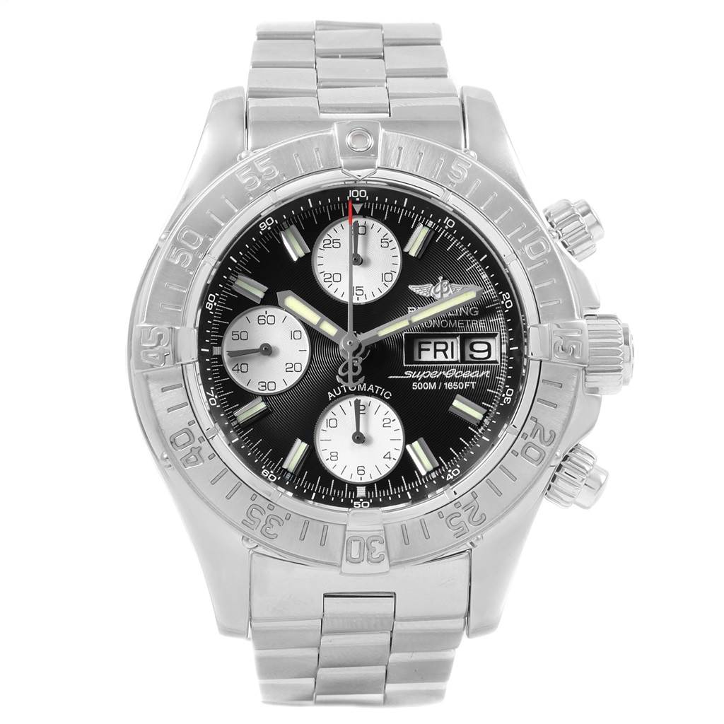 The Breitling Superocean A13340 Men's Stainless Steel Black Dial A13340 Men's Stainless Steel Black Dial watch is shown from a front angle, displaying the dial, bezel, pushers, and bracelet.