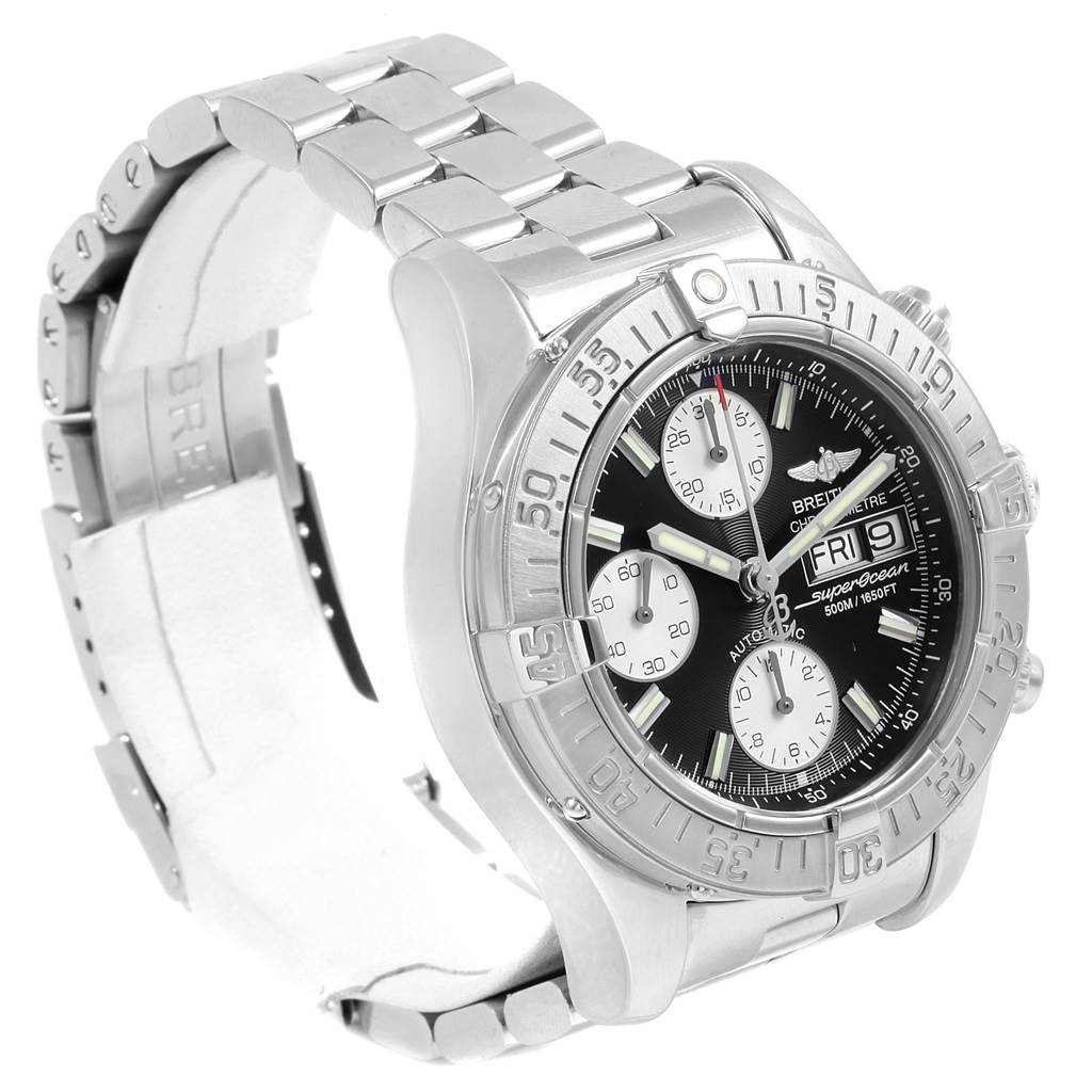 The image shows a Breitling Superocean A13340 Men's Stainless Steel Black Dial A13340 Men's Stainless Steel Black Dial watch at a three-quarter angle, highlighting its dial, bezel, and metal bracelet.