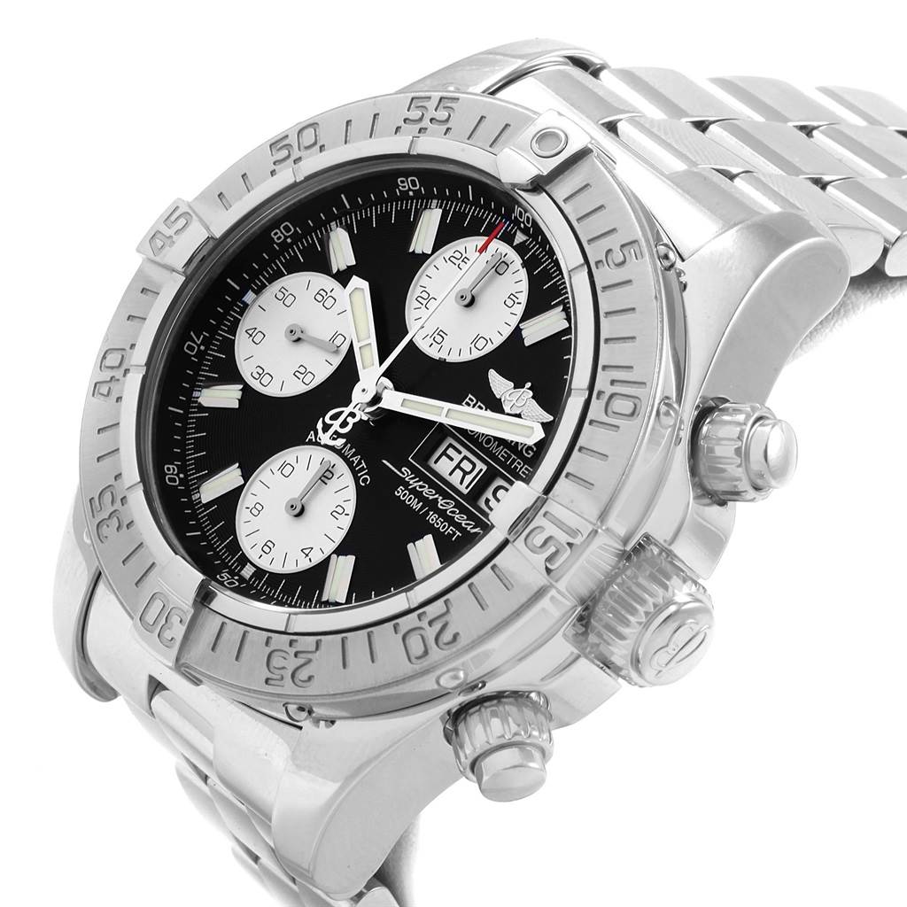 The image shows a Breitling Superocean A13340 Men's Stainless Steel Black Dial A13340 Men's Stainless Steel Black Dial watch at an angle, highlighting the bezel, dial, side buttons, and part of the metal bracelet.