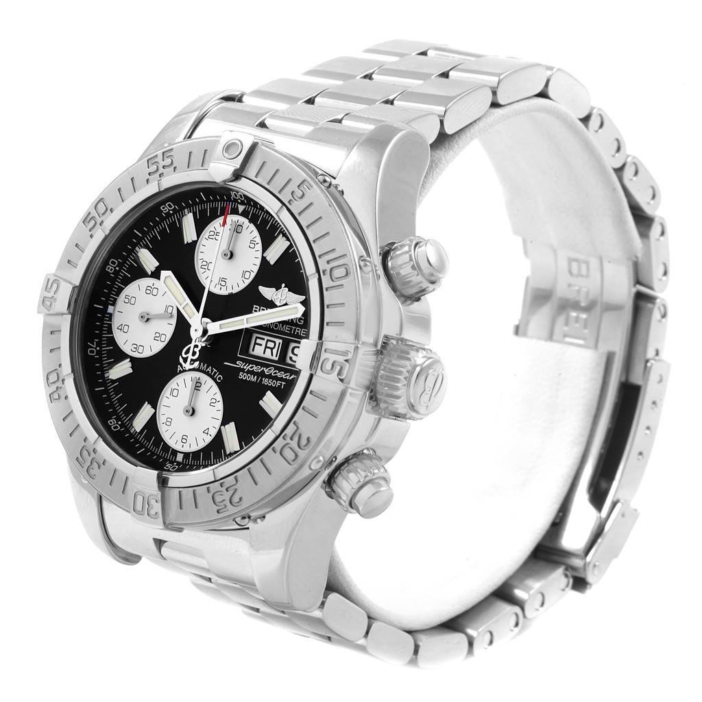 The image shows a Breitling Superocean A13340 Men's Stainless Steel Black Dial A13340 Men's Stainless Steel Black Dial watch from an angled side-view, highlighting the bezel, crown, pushers, and bracelet.