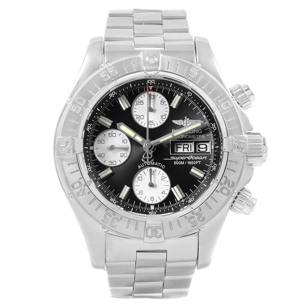 This image shows a front view of a Breitling Superocean A13340 Men's Stainless Steel Black Dial A13340 Men's Stainless Steel Black Dial watch, highlighting its dial, bezel, sub-dials, and bracelet.