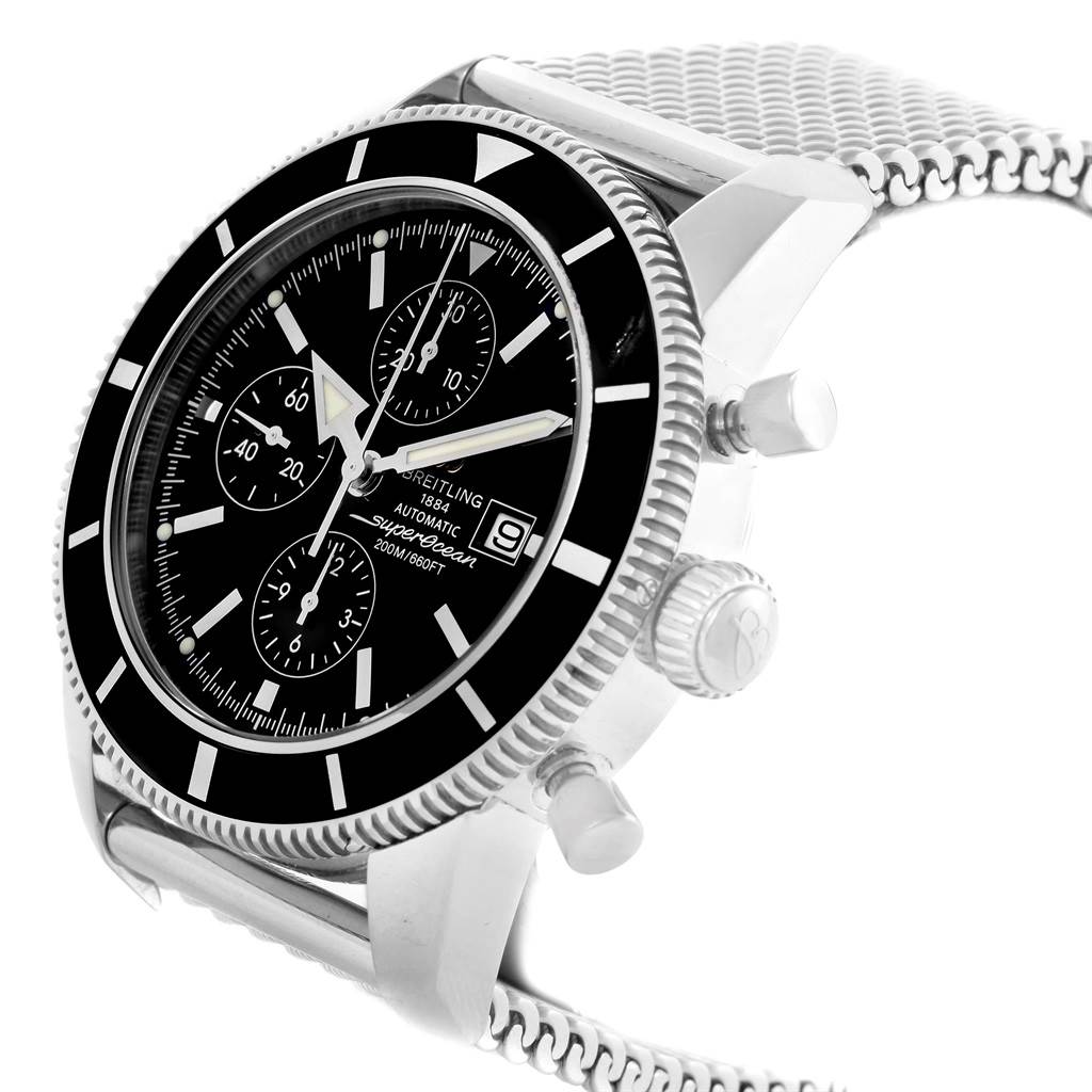 The image shows a close-up side angle of the Breitling Superocean A13320 Men's Stainless Steel Black Dial A13320 Men's Stainless Steel Black Dial watch, highlighting its bezel, face, and part of the strap.