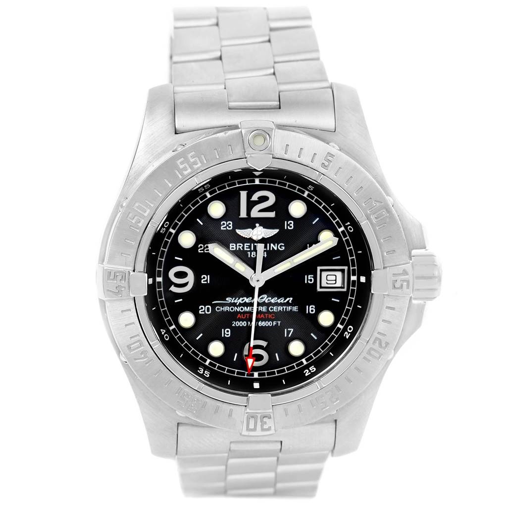 The Breitling Superocean A17390 Men's Stainless Steel Black Dial A17390 Men's Stainless Steel Black Dial watch is shown from the front, displaying its face, hands, bezel, and metal bracelet.