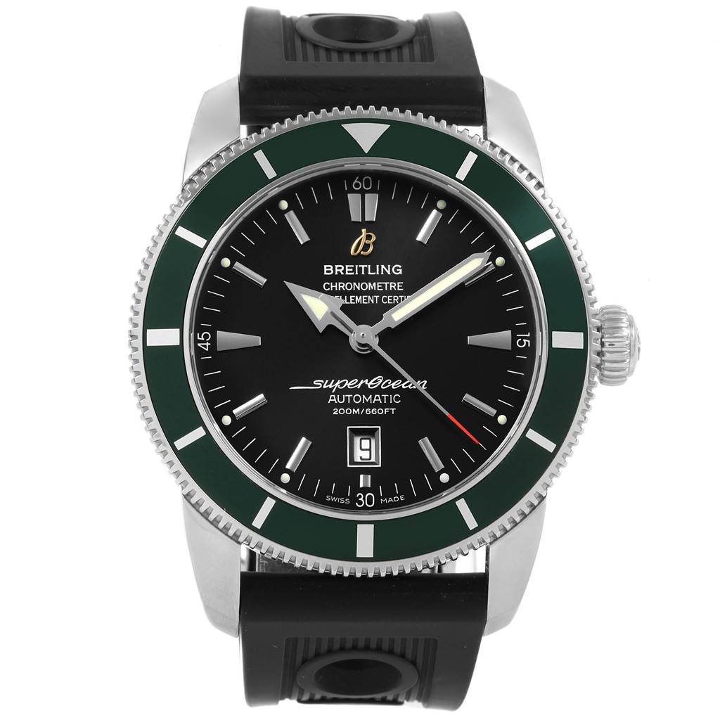 The Breitling Superocean A17320 Men
s Stainless Steel Black Dial A17320 Men
s Stainless Steel Black Dial watch is shown from a front angle highlighting its dial, bezel, and strap.